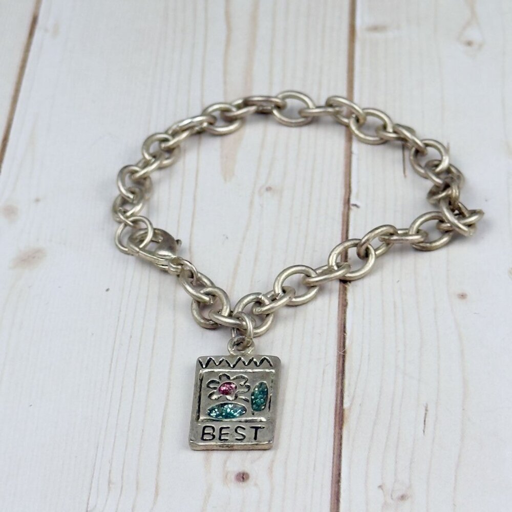Vintage Y2K Flower Charm Bracelet Silver Chain Pink and Blue Rhinestones